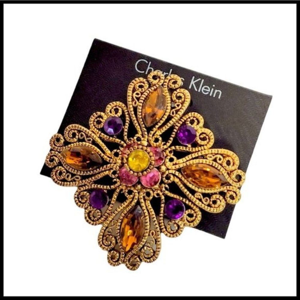 Charles Klein Brooch Pin Gold Tone Heart Glass‎ Stone Rhinestone Yellow Purple
